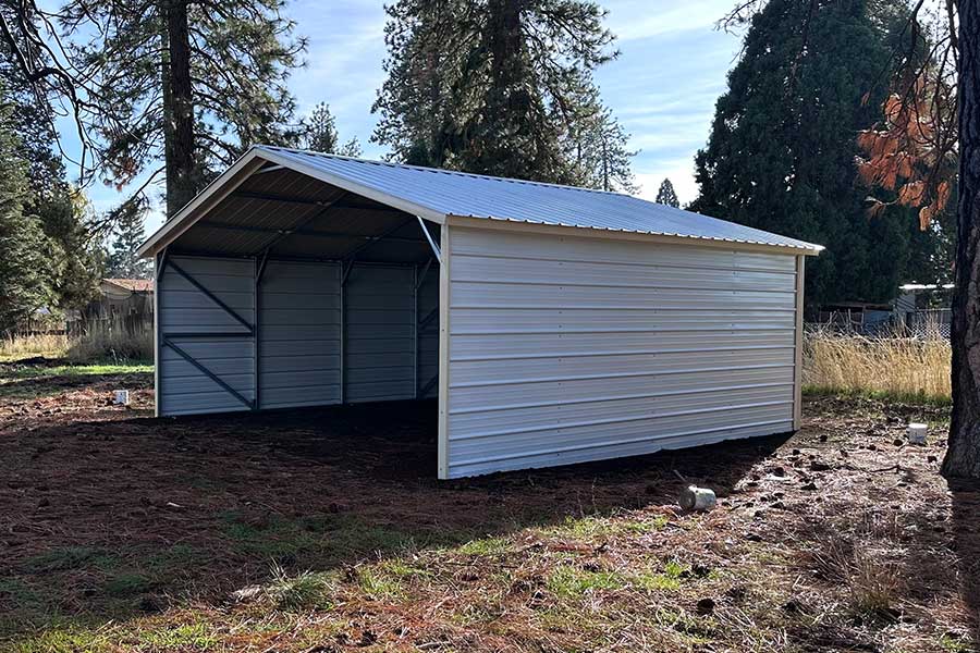 Firewood storage carport with side panels